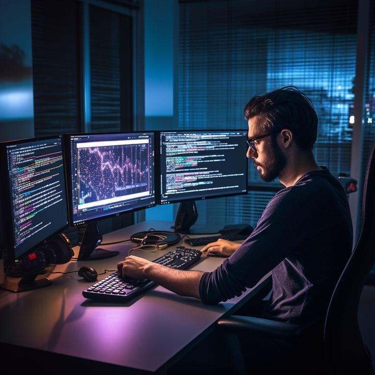 Mobile app project planning workspace with devices and development tools